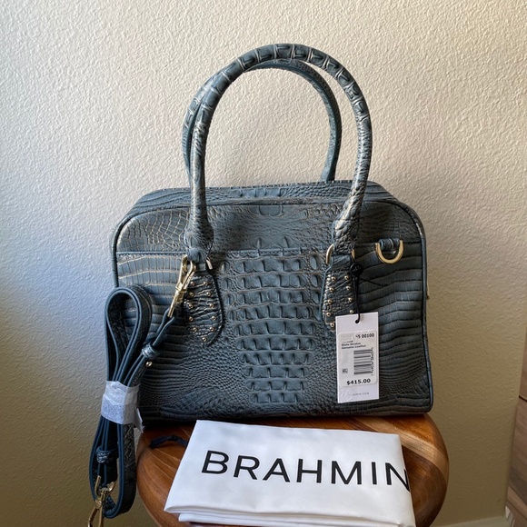 Brahmin Blue Bag + Wallet Marissa Satchel & Ady Wallet Slate Blue & Gold Leather - Picture 5 of 16